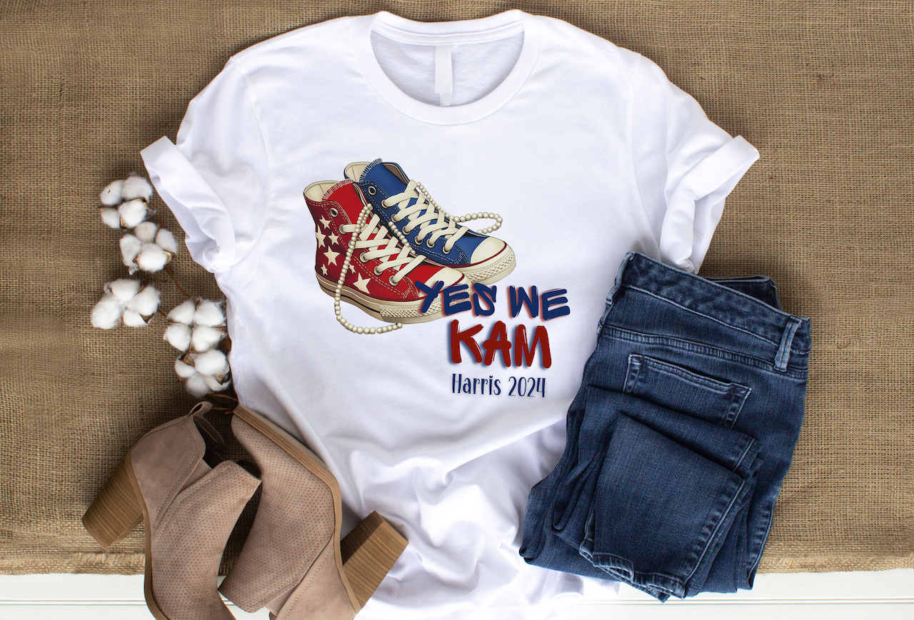 Yes We Kam T-Shirt (Red, White, and Blue Chucks and Pearls)