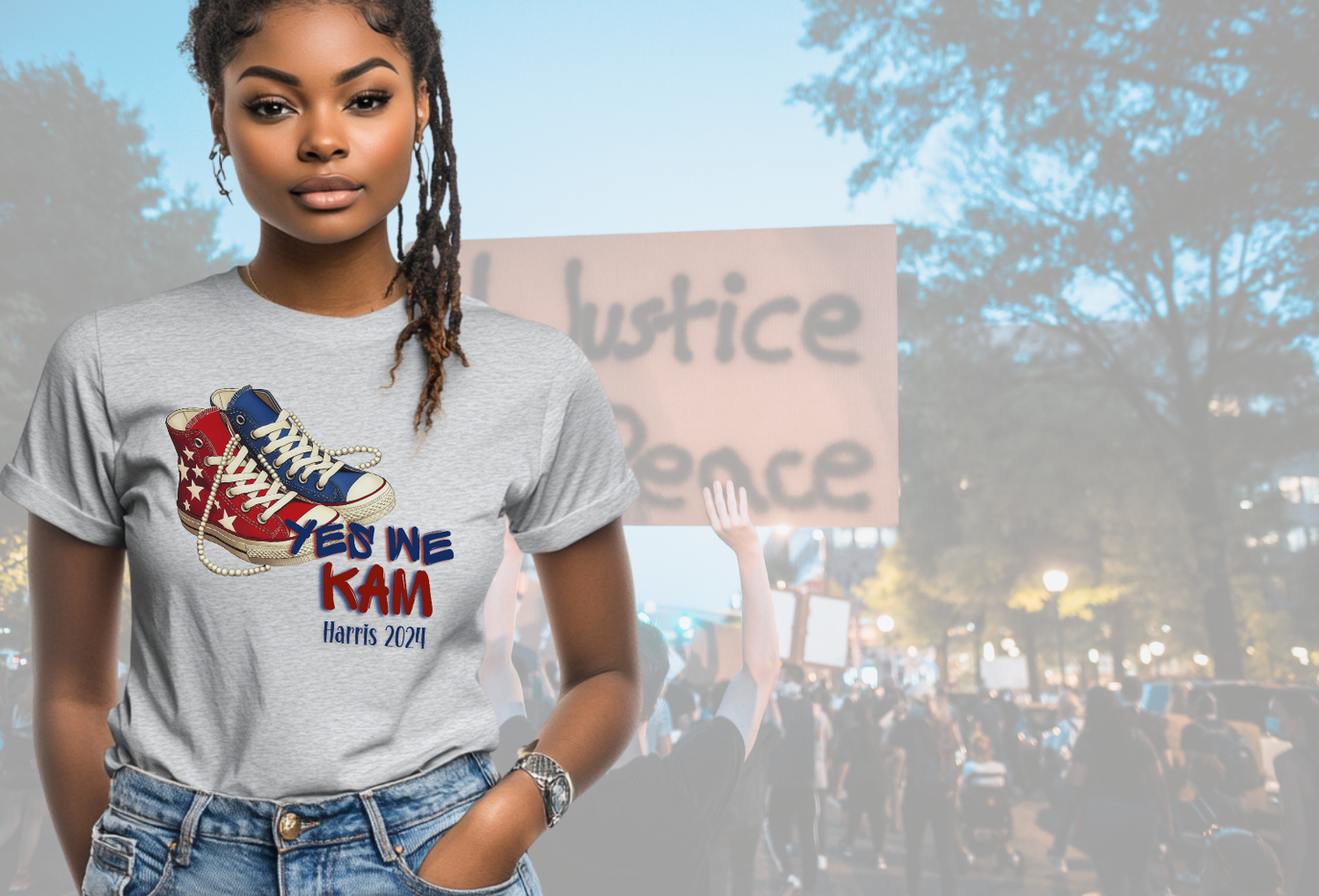 Yes We Kam T-Shirt (Red, White, and Blue Chucks and Pearls)